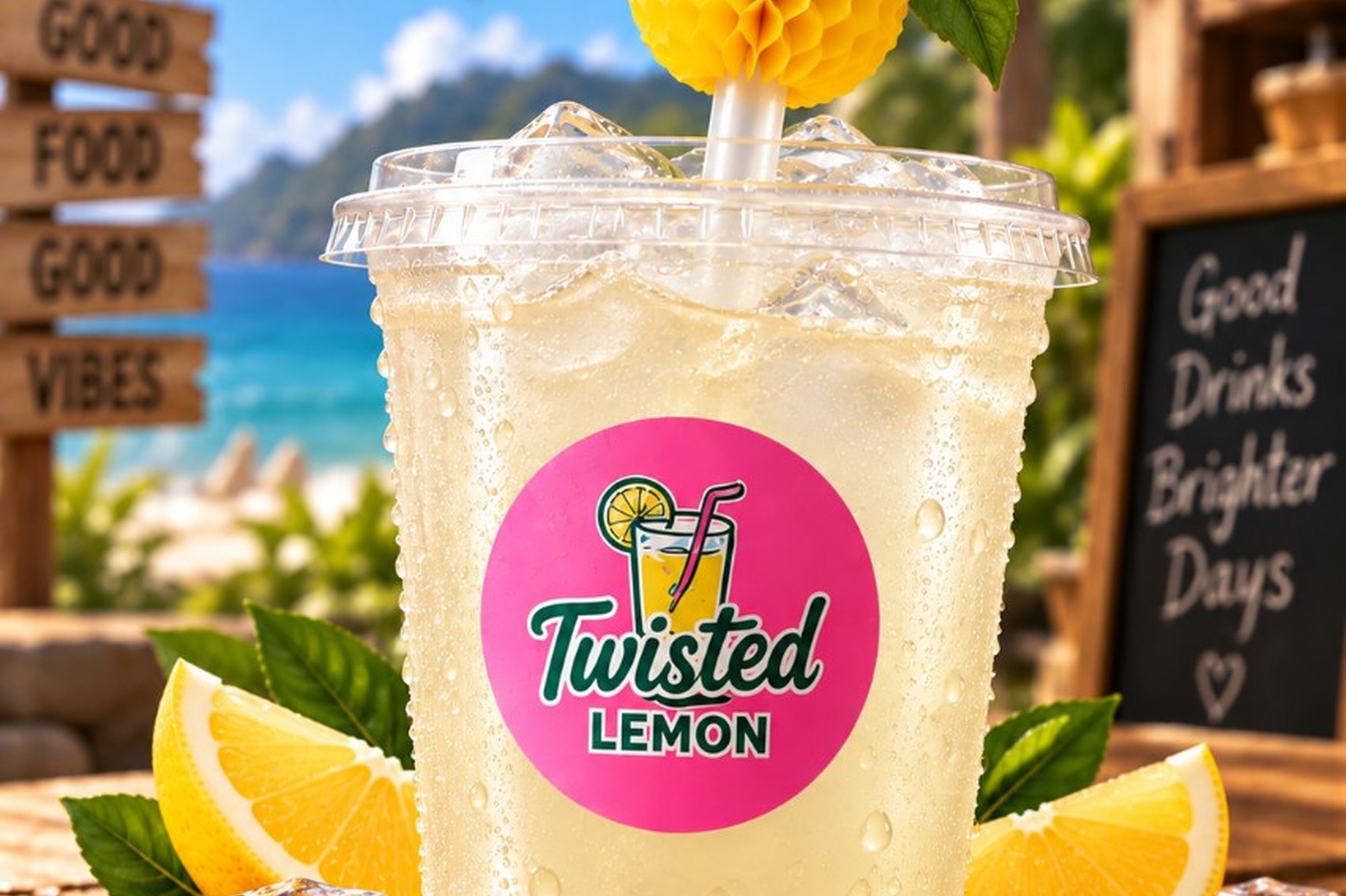 Three smiling friends sitting around a table, laughing and sharing Twisted Lemon drinks together.