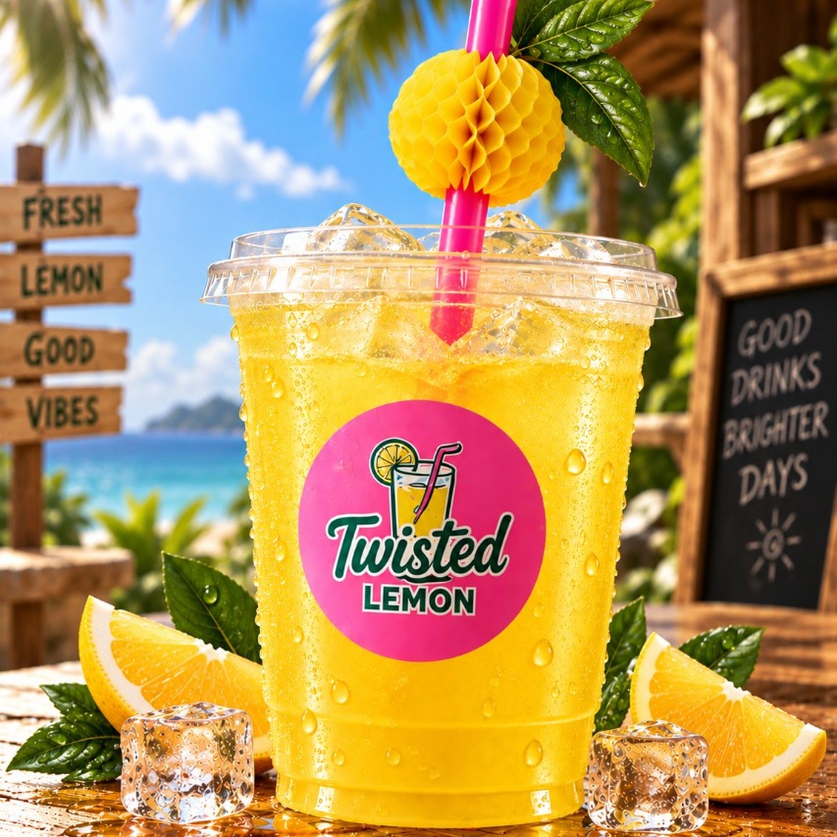 A lineup of Twisted Lemon drinks topped with citrus slices, served on a bright table and garnished with rosemary.